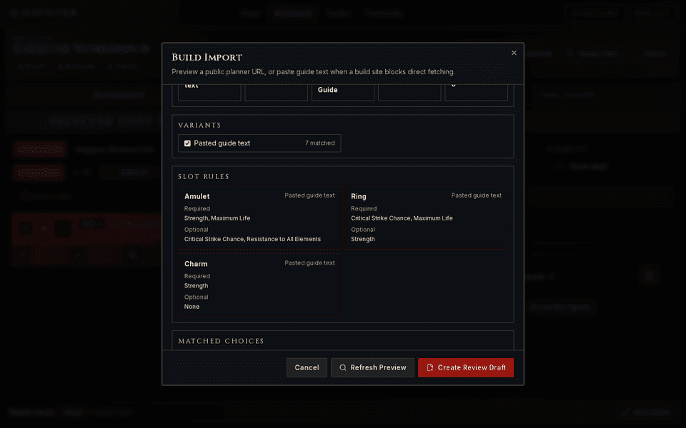 D4Filter Build Import preview showing gear-slot rules from a Diablo 4 build guide