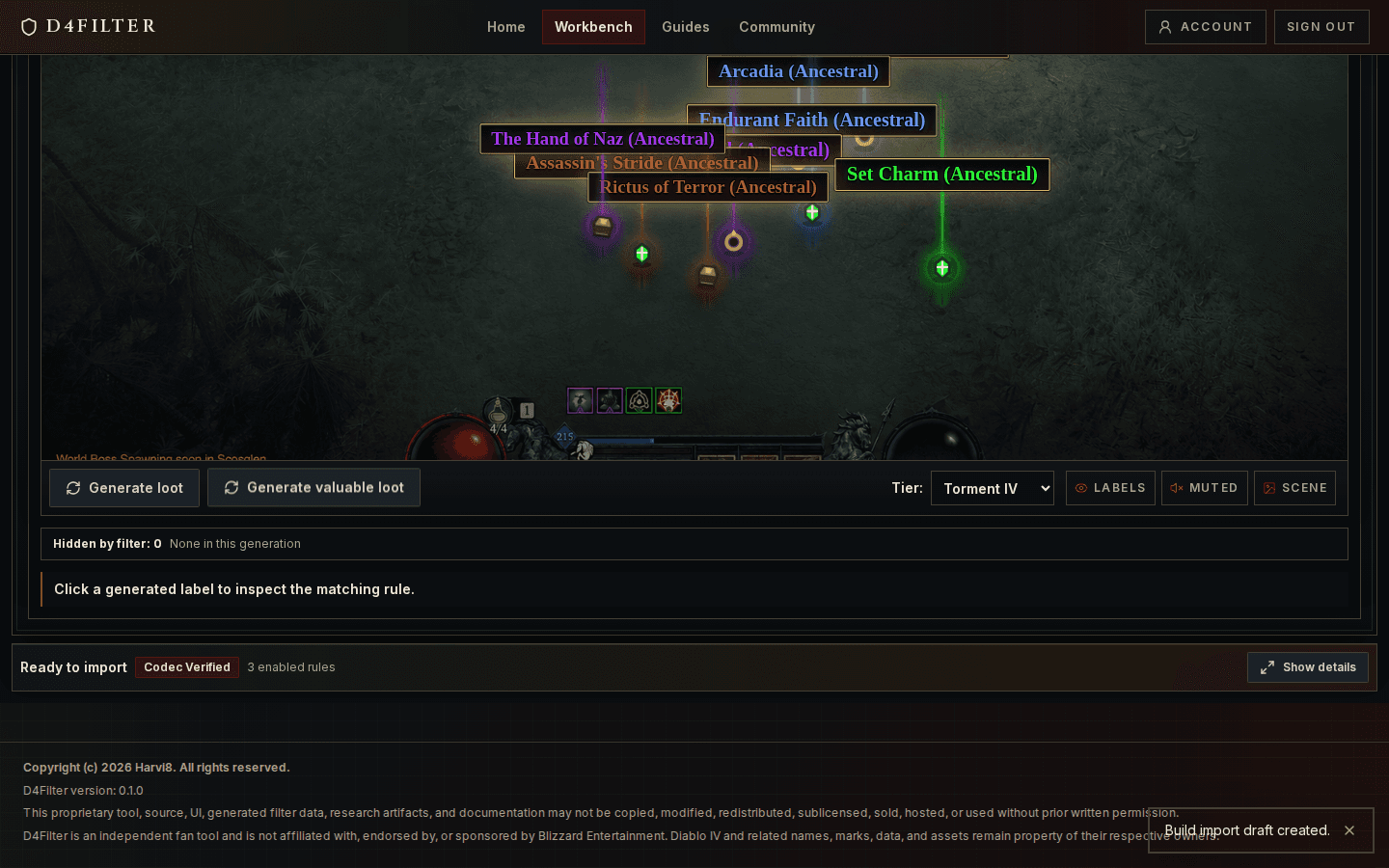 D4Filter loot preview showing simulated Diablo 4 drops before export