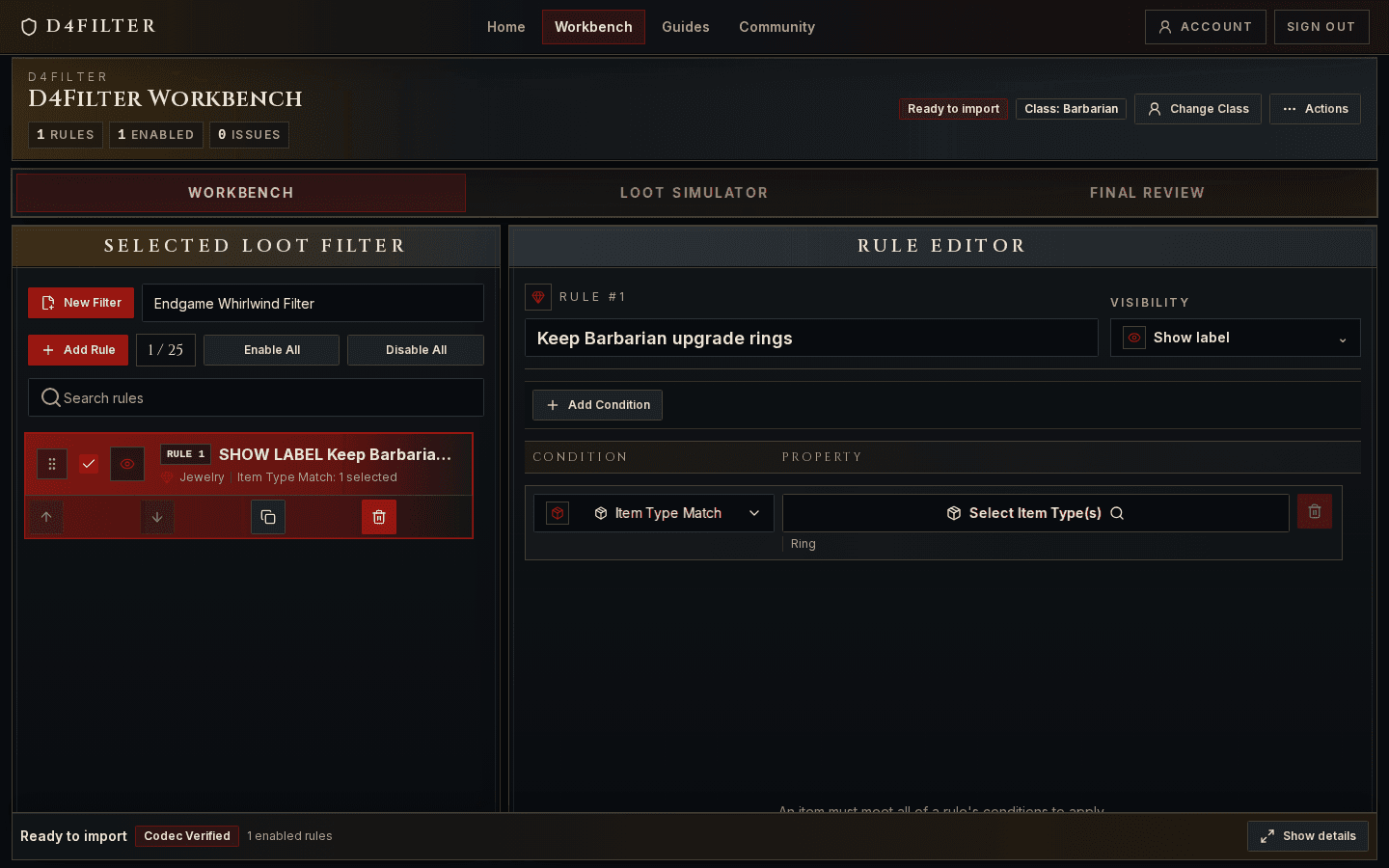 D4Filter workbench showing Diablo 4 loot filter rules and gear conditions